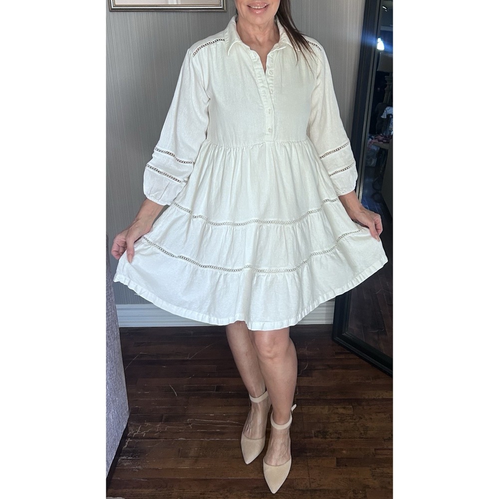 Taylor Women's Dress Babydoll Swing Flowy Dress Size 12 White Tiered Boho Summer